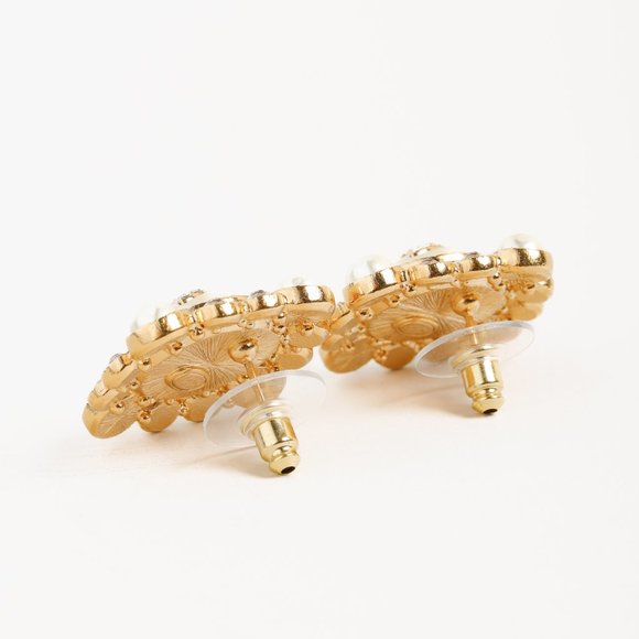 Chanel Gold-Tone Crystal and Pearl Rhinestones Squared Halo Stud Earrings - Picture 3 of 5